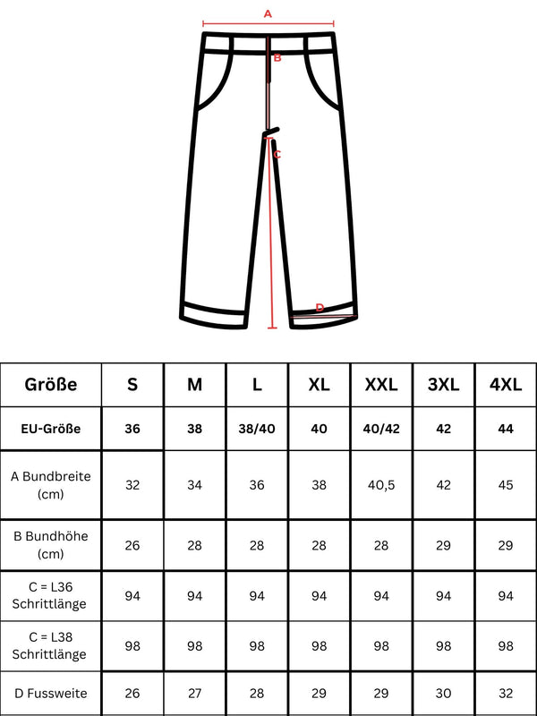 Größentabelle-Übersicht Nylon Leggings