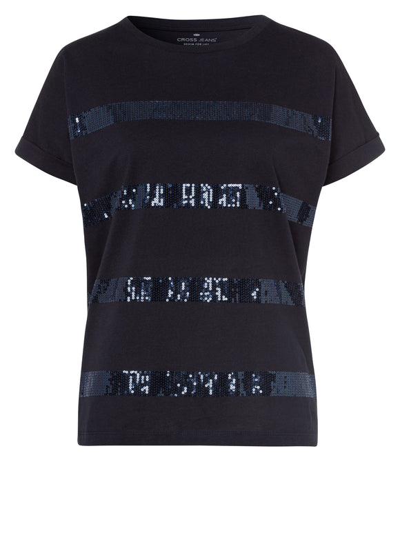 CROSS JEANS - T-shirt mit Pailletten, Navy