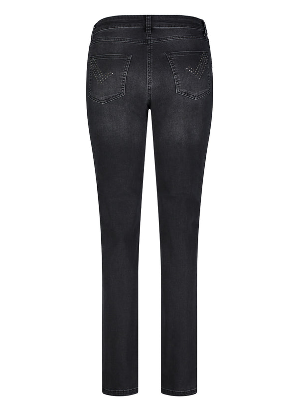 MAC - MELANIE Glam, Feminine Fit, Straight Leg, Nieten, Basic Used Black Wash - High Waist, Länge 34 - L34 - Länge 36 - L36 - hinten - Beine - Rückansicht