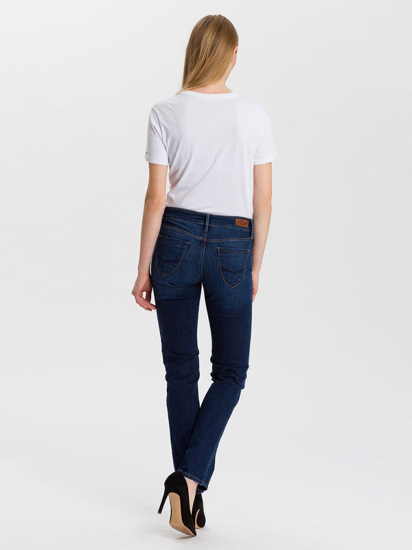 CROSS JEANS - ROSE Jeans, Straight Fit, Dark Blue Used, High Waist, Länge 34 - L34 - Länge 36 - L36 - hinten - Ganzkörper - Rückansicht